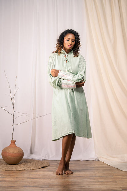 'HUMMING BIRD' Sage Green Mulmul Cotton Dress