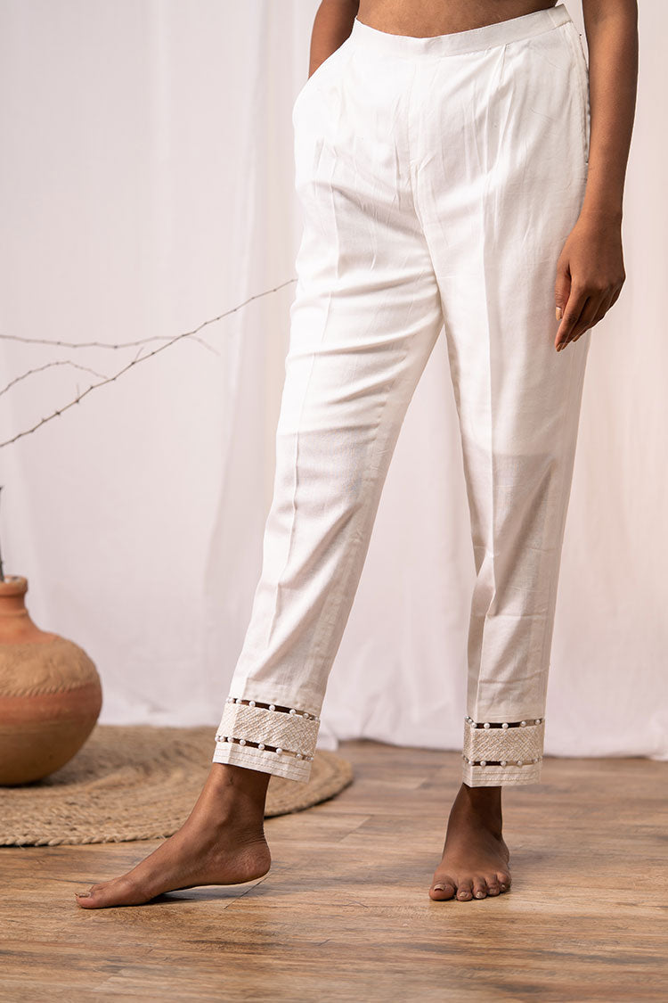 'BEADS' Off White Mulmul Cotton Pants