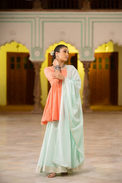 'CHANDNI' Mint Green Mulmul Cotton Kalidar Ghaghra