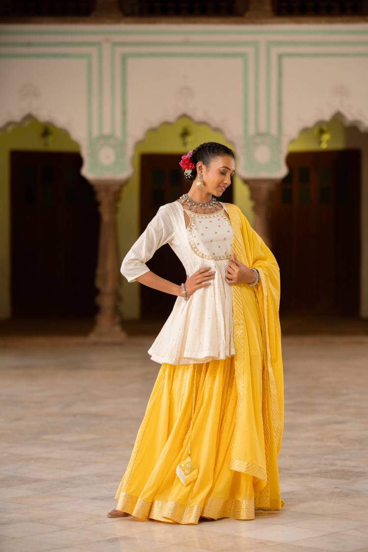 'CHANDNI' Sunshine  Yellow Mulmul  Cotton Kalidar Ghaghra