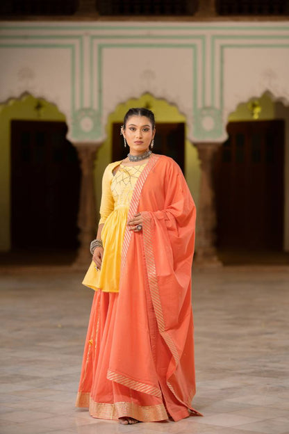 'CHANDNI' Coral Mulmul Cotton Kalidar Ghaghra (Set Of 3)