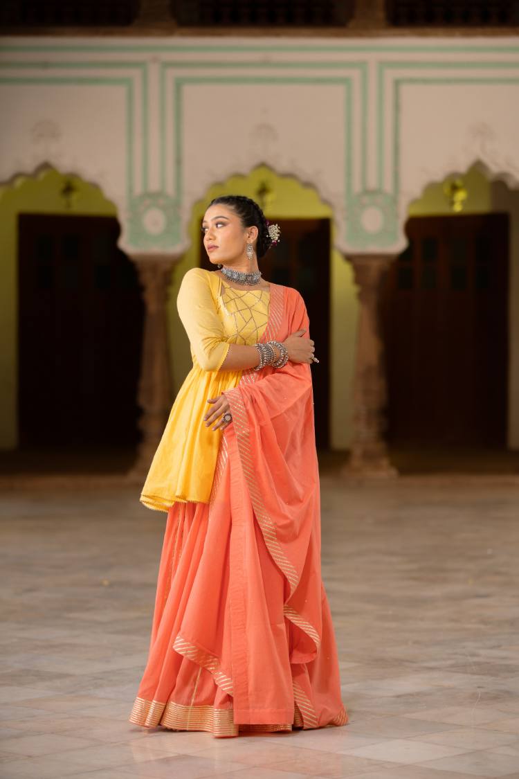 'CHANDNI' Coral Mulmul Cotton Kalidar Ghaghra