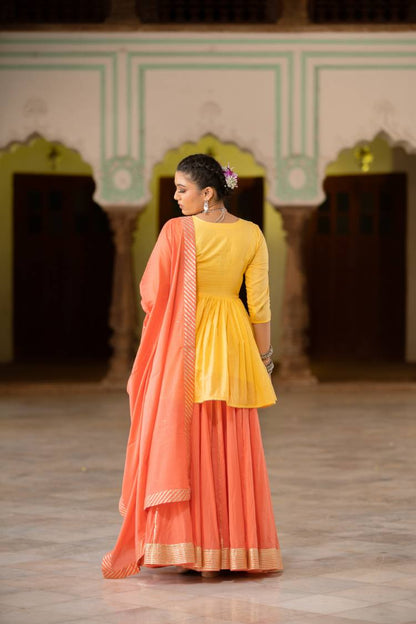 'CHANDNI' Coral Mulmul Cotton Kalidar Ghaghra (Set Of 3)