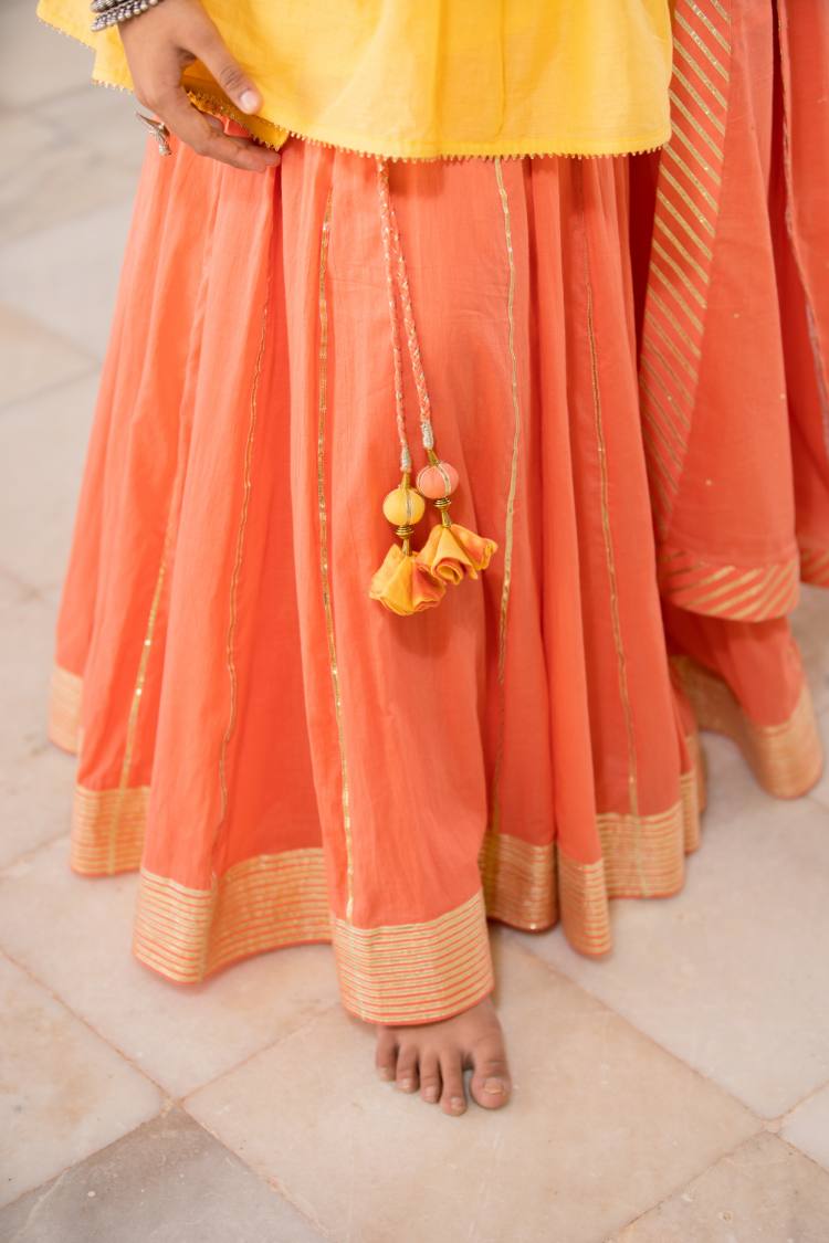 'CHANDNI' Coral Mulmul Cotton Kalidar Ghaghra (Set Of 3)