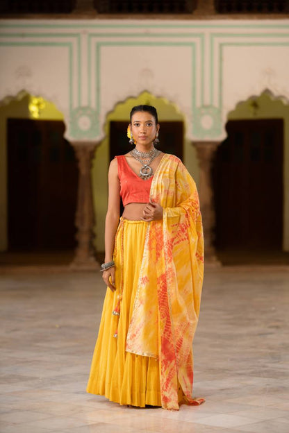 'ZOYA' Yellow & Coral  Tie & Dye Mulmul Cotton Dupatta