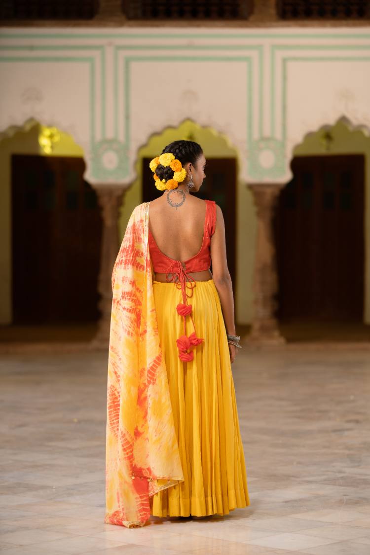 'NOORANI' Sunshine  Yellow Mulmul  Cotton Kalidar Ghaghra