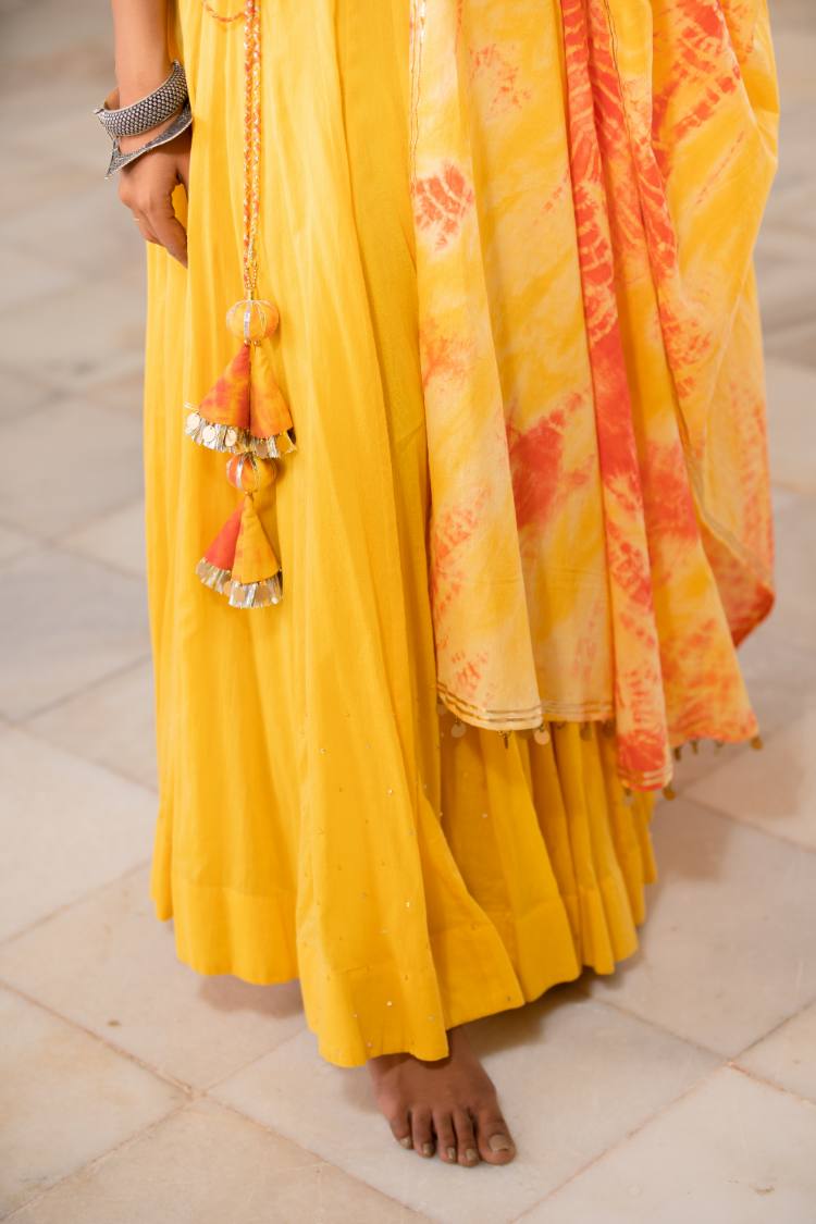 'NOORANI' Sunshine  Yellow Mulmul  Cotton Kalidar Ghaghra