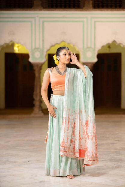 'Muntasir' Mint Green & Coral Tie & Dye Mulmul Cotton Dupatta