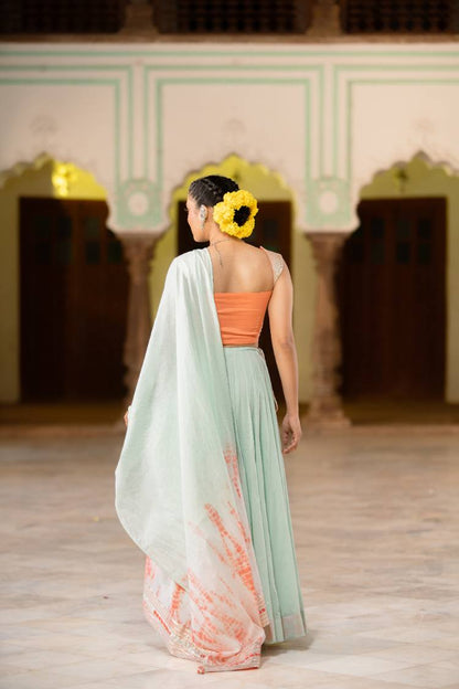 'Muntasir' Mint Green & Coral Tie & Dye Mulmul Cotton Dupatta