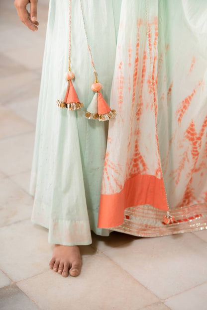 'Muntasir' Mint Green & Coral Tie & Dye Mulmul Cotton Dupatta