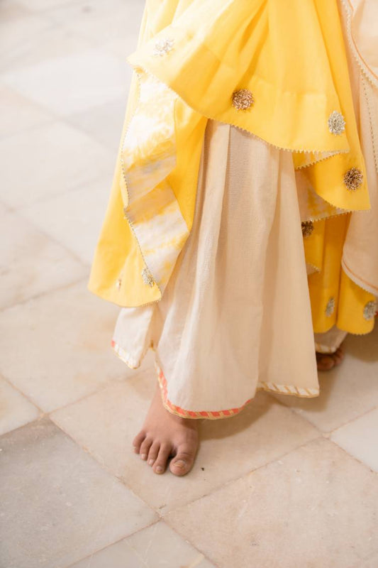 'NAKHRALI' Sunshine Yellow  Mulmul  Cotton Kalidar Ghaghra