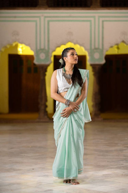 'ROZANA' Mint Green Mulmul Cotton Mukaish Work Saree