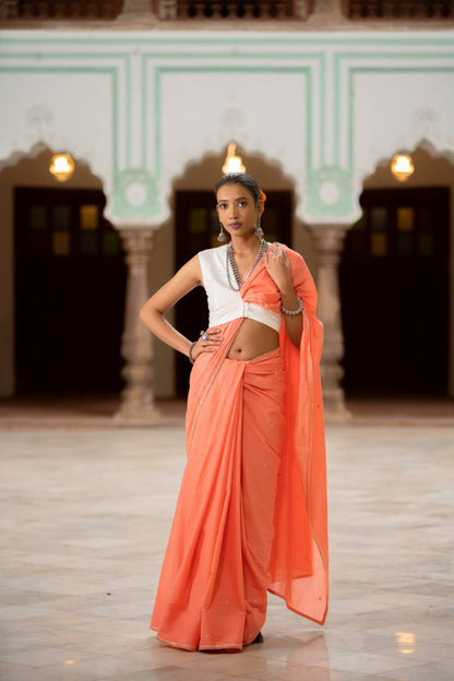 HARDIN Coral Mulmul Cotton Handwork Saree