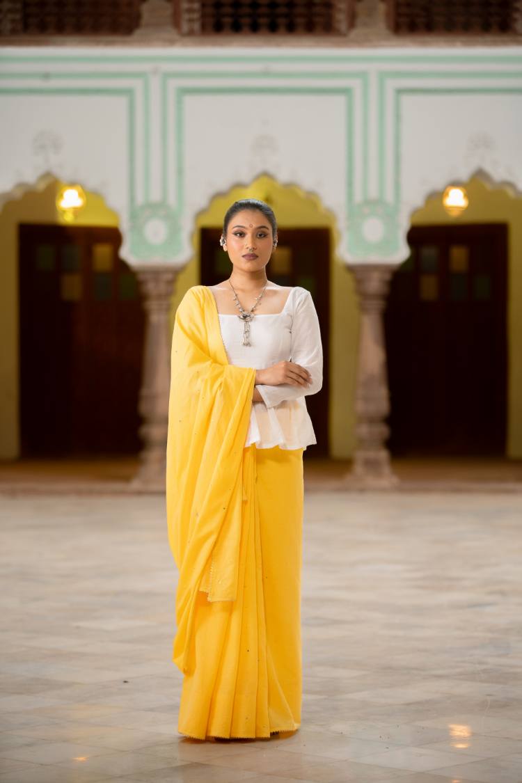 'ROZANA' Yellow Mulmul Cotton Mukaish Work Saree