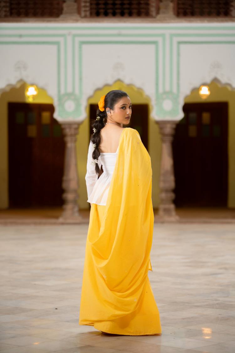 'ROZANA' Yellow Mulmul Cotton Mukaish Work Saree