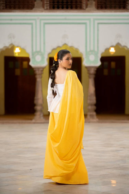 'ROZANA' Yellow Mulmul Cotton Mukaish Work Saree