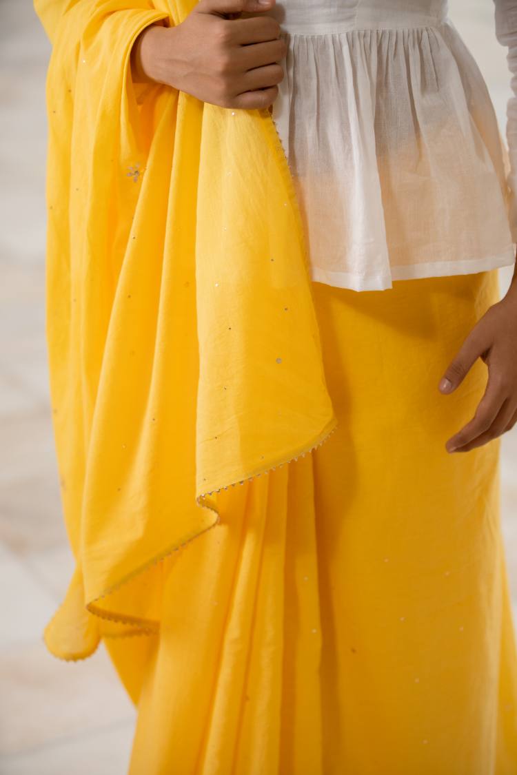 'ROZANA' Yellow Mulmul Cotton Mukaish Work Saree