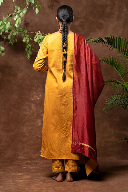 'NAAZ' Cotton Silk Hand Embroidered Kurta, Pant & Dupatta Set