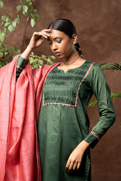 'LAKEERAIN' Cotton Silk Hand Embroidered Kurta, Pant & Dupatta Set