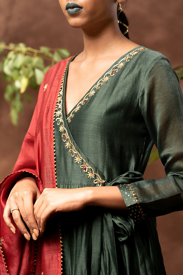 'FAQAT' Handloom Chanderi Silk Hand Embroidered Anarkali Kurta, Pant & Dupatta Set