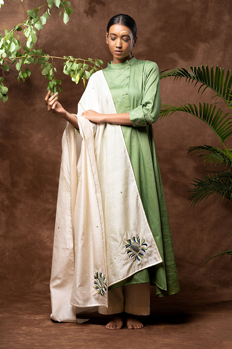 'MUGHAL BOOTA' Cotton Silk Hand Embroidered Kurta, Pant & Dupatta Set