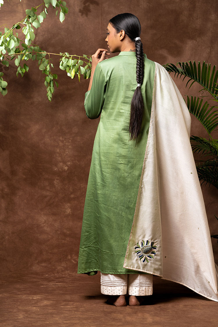 'MUGHAL BOOTA' Cotton Silk Hand Embroidered Kurta, Pant & Dupatta Set