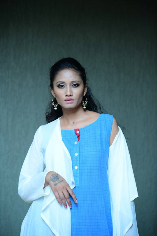 Handloom Cotton Blue Self Checks Dress