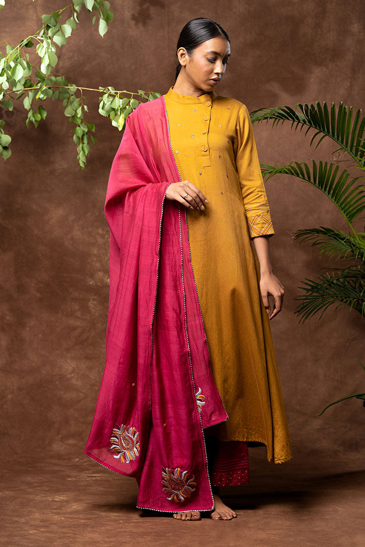 'MUGHAL BOOTA' Cotton Silk Hand Embroidered Kurta, Pant & Dupatta Set