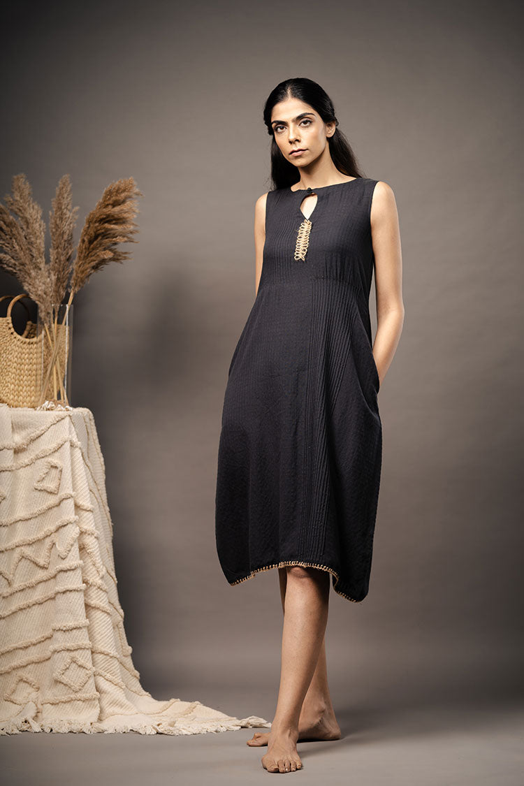 'BACK TO GRASSROOTS' Black Handwoven Cotton Dress