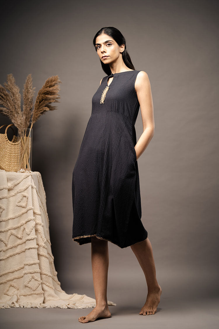 'BACK TO GRASSROOTS' Black Handwoven Cotton Dress