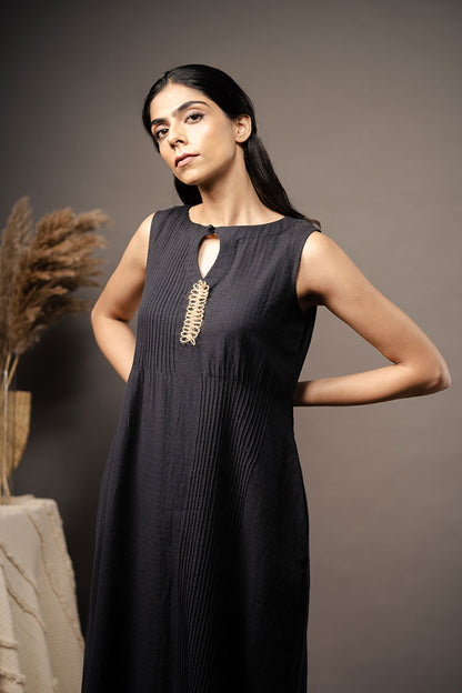 'BACK TO GRASSROOTS' Black Handwoven Cotton Dress