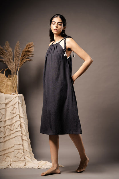 'TAKE ME SOMEWHERE' Black Handwoven Cotton Dress