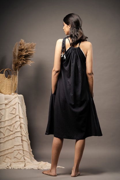 'TAKE ME SOMEWHERE' Black Handwoven Cotton Dress