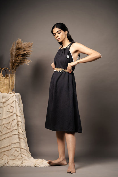 'TAKE ME SOMEWHERE' Black Handwoven Cotton Dress