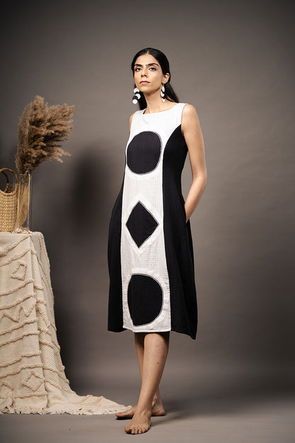 'PLACE THE DOT' Black And White Handwoven Cotton Dress