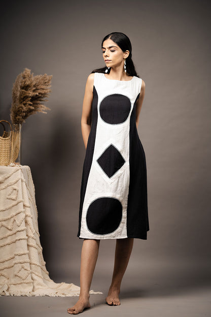 'PLACE THE DOT' Black And White Handwoven Cotton Dress