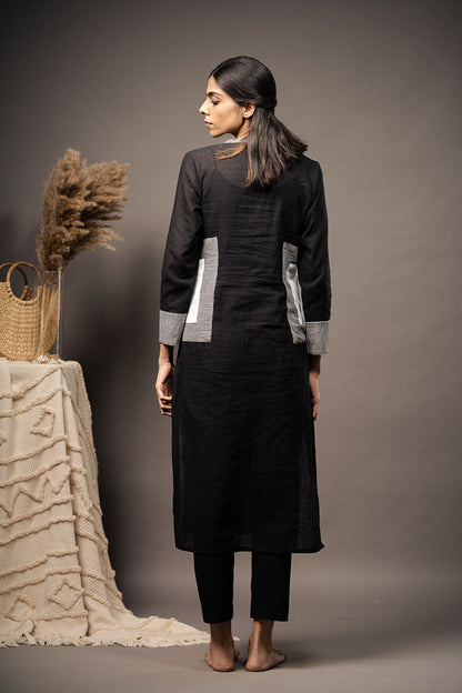 'FUSED FRAMES' Black Handwoven Muslin Cotton Kurta