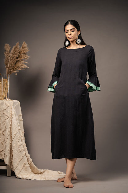 'MIDSUMMER NIGHT'S DREAM' Black Handwoven Cotton Dress