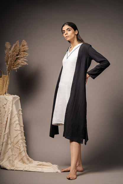 'THE DESTINY' Black And White Handwoven Cotton Dress With Shrug